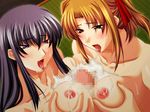  2girls blush breasts censored cum cum_on_body cum_on_breasts cum_on_upper_body double_paizuri hissatsu_shigoki_nin_1_gakuen_kouman_onnagiri kichiku_yaro large_breasts mosaic_censoring multiple_girls multiple_paizuri naughty_face paizuri penis 