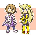 2girls blonde_hair blue_eyes breasts brown_eyes brown_hair capelet colette_brunel collet_brunel cosplay costume_switch dress grin hair_ornament long_hair lowres multiple_girls norma_beatty pantyhose shoes short_hair skirt smile tales_of_(series) tales_of_legendia tales_of_symphonia thighhighs 