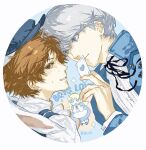  3boys absurdres ace_(playing_card) ace_of_hearts alice_(alice_in_wonderland) alice_(alice_in_wonderland)_(cosplay) alternate_costume animal_ears black_ribbon blue_hat blue_jacket border brown_eyes brown_hair card chibi chibi_inset chinese_commentary closed_mouth commentary_request cosplay crossdressing crossdressing_(mtf) dutch_angle english_text fake_animal_ears four-pointed_star from_side grey_eyes grey_hair hanamura_yousuke hand_up hat heart highres holding holding_card jacket jing_zhi_kaoxiang_yu_re_zhong kuma_(human)_(persona_4) kuma_(persona_4) looking_at_another looking_at_viewer male_focus messy_hair multiple_boys narukami_yu parted_lips persona persona_4 playing_card profile rabbit_ears ribbon round_border shirt short_hair sweat swept_bangs teeth white_shirt yaoi 