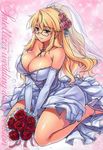  bare_shoulders blonde_hair blue_eyes blush bouquet breasts bridal_veil cleavage dress earrings elbow_gloves flower freezing glasses gloves hair_flower hair_ornament high_heels highres huge_breasts jewelry kim_kwang_hyun kneeling legs light_smile long_hair necklace official_art rose satellizer_el_bridget scan shoes sitting solo sparkle strapless strapless_dress thighs veil wariza wedding_dress 