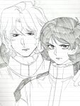  2boys aeug bellhop666 char_aznable commentary_request gundam hand_on_another's_shoulder highres kamille_bidan light_frown looking_at_viewer multiple_boys quattro_bajeena short_hair sketch spacesuit zeta_gundam 
