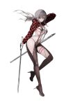  1girl absurdres body_chain bodysuit breasts checkered_clothes checkered_shrug closed_mouth clothing_cutout commentary_request company_connection full_body goddess_of_victory:_nikke grey_hair gunu_(nyzn3223) hair_intakes highres holding holding_sword holding_weapon korean_commentary large_breasts latex latex_bodysuit navel official_alternate_costume racer's_high_(stellar_blade) red_shrug scabbard scarlet_(nikke) scarlet_(racer's_high)_(nikke) sheath shift_up shrug_(clothing) sideless_outfit simple_background solo stellar_blade sword thigh_cutout weapon white_background yellow_eyes 