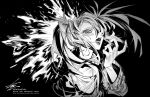  1girl ame-chan_(needy_girl_overdose) arikanrobo cross cross_earrings dress ear_piercing earrings greyscale highres jewelry long_hair looking_at_viewer monochrome needy_girl_overdose open_mouth piercing solo splatter teeth tongue tongue_out twintails upper_body 