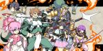  3g_(rance) 3girls 4boys alcohol animal animal_on_shoulder armor bird black_eyes black_hair black_kimono black_ribbon blue_eyes brown_eyes brown_hair chaos_(rance) character_hair_ornament commentary_request cup fighting_stance fire flying green_hair green_pants green_shirt hair_ornament hair_ribbon hakama hakama_skirt hanny headband highres holding holding_cup holding_polearm holding_sword holding_weapon japanese_armor japanese_clothes katana kimono long_hair looking_back medium_hair monkey multiple_boys multiple_girls multiple_heads oda_kou oda_nobunaga_(rance) open_mouth over_shoulder pants pink_hair pink_kimono pink_skirt polearm ponytail purple_eyes purple_hair rance rance_(series) ranmaru_(rance) ribbon saburou_(sblo) sakazuki sake sengoku_rance sharp_teeth shibata_katsuie_(rance) shirt short_hair sideburns sill_plain sitting skirt smile spear standing sword sword_over_shoulder teeth thighhighs toukichirou twintails two-tone_kimono weapon weapon_over_shoulder white_hakama white_kimono white_thighhighs 