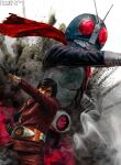  1boy absurdres armor black_hair explosion green_armor green_helmet helmet henshin_pose highres jacket kamen_rider kamen_rider_(1st_series) kamen_rider_1 male_focus obakelope0530 red_eyes red_jacket tokusatsu typhoon_(kamen_rider) 