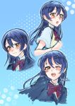  1girl absurdres blue_background blue_hair blue_jacket blush brown_eyes brown_vest commentary_request highres jacket long_hair looking_at_viewer love_live! love_live!_school_idol_project multiple_views neck_ribbon one_eye_closed open_mouth otonokizaka_school_uniform red_ribbon ribbon school_uniform shirt signature smile sonoda_umi summer_uniform twitter_username vest white_shirt winter_uniform zokuro_1018 
