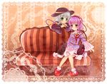  :3 :o amagumo bird blouse bobby_socks border bow cat couch eyeball green_eyes hair_bow hands_together hat hat_ribbon headband heart kaenbyou_rin kaenbyou_rin_(cat) komeiji_koishi komeiji_satori lace long_sleeves looking_at_another looking_away multiple_girls pink_eyes pink_hair pink_legwear reiuji_utsuho reiuji_utsuho_(bird) ribbon short_hair skirt slippers smile socks sparkle striped striped_background third_eye touhou white_hair wide_sleeves 