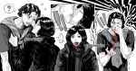  ! 2boys ? bleeding blood blood_on_hands blood_on_mouth coat coat_guy_(no_i'm_not_a_human) commission covering_own_mouth english_text greyscale hand_over_own_mouth highres kiss looking_at_viewer male_focus monochrome multiple_boys no_i'm_not_a_human scar scar_on_face scar_on_mouth severed_tongue shirt short_hair shuishui0319 simple_background spoken_question_mark stitched_mouth stitches sweater tongue tongue_out turtleneck turtleneck_sweater upper_body white_background wireface_(no_i'm_not_a_human) yaoi 