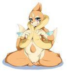  breasts clitoris female floatzel fukami kneeling looking_at_viewer multiple_tails nintendo nipples nude plain_background pok&#233;mon pok&eacute;mon pussy smile solo sweat tongue video_games white_background 