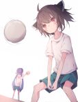  1girl 2girls ahoge alternate_costume ball blue_hair blue_hat brown_hair cheering dutch_angle gavrof green_pants hat long_hair multiple_girls otomachi_una pants pom_pom_(cheerleading) red_eyes shirt short_hair short_sleeves shorts simple_background solo_focus touhoku_kiritan twintails very_long_hair vocaloid voiceroid volleyball volleyball_(object) white_shirt 