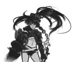  black_rock_shooter chain chibibro greyscale highres huge_weapon insane_black_rock_shooter long_hair monochrome navel shorts solo twintails weapon 