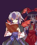  alphes_(style) ascot bird_wings black_hair blue_hair book bow closed_eyes detached_sleeves hair_bow hair_tubes hakurei_reimu head_wings kaoru_(gensou_yuugen-an) long_hair long_sleeves multicolored_hair multiple_girls open_mouth parody red_wings sarashi short_hair silver_hair simple_background single_head_wing smile style_parody tokiko_(touhou) touhou two-tone_hair wings yen you_gonna_get_raped 