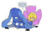 2019 algebralian all_fours ambiguous_gender anthro anus apis_(artist) ass_up balls battle_for_dream_island bite biting_lip black_body blue_anus blue_balls blue_body blue_penis blush countershading dialogue duo erection eyebrows flower_(bfdi) four_(bfb) genitals glistening glistening_balls glistening_genitalia glistening_penis grimace imminent_rape imminent_sex lagomorph lying male mammal penis perineum plantigrade raised_heel scared simple_background smile speech_bubble white_background