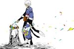  absurdres armband bad_id bad_pixiv_id boots bouquet choker flower hair_over_eyes highres male_focus mizuno_(soutaman) morichika_rinnosuke profile ribbon simple_background sketch solo standing touhou white_background white_hair wind 