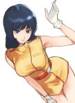  1girl belt black_hair blue_eyes blue_hair breasts commentary dress fa_yuiry gloves gundam highres large_breasts looking_at_viewer military_uniform ni_zu no_pants open_mouth red_belt short_dress short_hair simple_background sleeveless solo white_background white_gloves yellow_dress zeta_gundam 