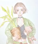  1girl :| black_choker black_shirt blunt_bangs blunt_ends bob_cut bomber_jacket brown_eyes brown_hair choker closed_mouth commentary crop_top drawstring expressionless eyelashes green_jacket green_shorts hair_behind_ear highres holding holding_plant holding_stuffed_toy jacket kyoutu leon_the_professional looking_at_viewer mathilda_lando midriff open_clothes open_jacket painting_(medium) paper_texture pendant_choker plant potted_plant red_shorts shirt short_hair shorts solo standing straight-on striped_clothes striped_shorts stuffed_animal stuffed_rabbit stuffed_toy traditional_media upper_body watercolor_(medium) white_background wind 