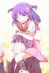  1girl black_hair brother_and_sister butler carrying grin hayate_no_gotoku! hitaishou_chiritori pointing purple_hair school_uniform segawa_izumi segawa_kotetsu serafuku short_hair shoulder_carry siblings smile twintails 