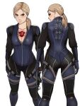  1girl black_bodysuit blonde_hair bodysuit highres jill_valentine latex latex_bodysuit medium_hair milessart multicolored_bodysuit purple_bodysuit resident_evil resident_evil_5 skin_tight solo 