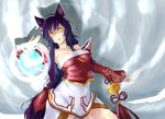  ahri animal_ears black_hair blush braid breasts cleavage detached_sleeves energy_ball fox_ears fox_tail hair_ribbon highres korean_clothes league_of_legends long_hair medium_breasts mitchlin multiple_tails ribbon single_braid solo tail yellow_eyes 