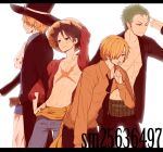  4boys ^_^ ascot black_coat black_hair black_hat blonde_hair blue_shirt brown_gloves closed_eyes coat collared_shirt commentary_request curly_eyebrows gloves green_hair hand_on_own_face hand_on_own_hip haramaki hat komomo1214 letterboxed male_focus monkey_d._luffy multiple_boys one_piece orange_shirt roronoa_zoro sabo_(one_piece) sanji_(one_piece) sash scar scar_across_eye scar_on_face shirt short_hair sideburns smile stitched_torso stitches straw_hat white_ascot white_background yellow_sash 
