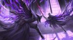  1boy 1girl armor blade_of_mercy blood blood_on_weapon bloodborne bloody_crow_of_cainhurst cape chikage_(bloodborne) commentary dual_wielding eileen_the_crow english_commentary fighting floating_cape full_armor helm helmet highres holding holding_sword holding_weapon indoors plague_doctor_mask pouch purple_cape purple_theme rashuu shadow sword weapon window window_shadow 