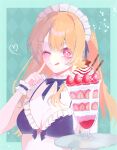  1girl :p bikini black_bikini blonde_hair blush bow bow_bikini choker dessert detached_collar food frilled_bikini frilled_choker frilled_headwear frills fruit green_background hair_ornament hairclip hand_on_own_face highres holding holding_tray hoshino_ruby ice_cream long_hair maid maid_bikini maid_headdress one_side_up oshi_no_ko parfait red_eyes star-shaped_pupils star_(symbol) strawberry strawberry_parfait sundae swimsuit symbol-shaped_pupils tkmtsds tongue tongue_out tray unconventional_maid wafer_stick whipped_cream wrist_cuffs 