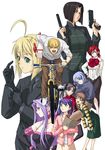 6+girls adjusting_clothes adjusting_gloves ahoge artoria_pendragon_(all) bad_id bad_pixiv_id bag bare_shoulders bicycle black_eyes black_gloves black_hair blonde_hair blue_eyes blue_hair bob_cut box braid bread breasts brown_eyes brown_hair caster dress dual_wielding eriance fate/stay_night fate/zero fate_(series) food formal fujimura_taiga gloves golden_boy green_eyes grocery_bag ground_vehicle gun hair_ribbon handgun highres hisau_maiya holding long_hair matou_sakura medium_breasts multiple_girls open_mouth pant_suit parody pointy_ears purple_eyes purple_hair red_eyes red_hair ribbon rider riding saber shopping_bag short_hair siblings simple_background sisters smile sola-ui_nuada-re_sophia-ri strapless strapless_dress suit toosaka_rin two_side_up weapon white_background 