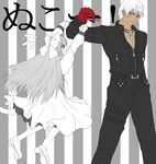  1girl bad_id bad_pixiv_id bow crossover dark_skin fang fish flat_color gloves grey_eyes hair_bow k' koori_(haraiso) long_hair m.u.g.e.n melty_blood pantyhose red_eyes the_king_of_fighters tsukihime white_hair white_len 