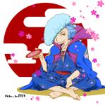  1boy blue_eyes blue_kimono circle commentary_request denjirou_(one_piece) high_collar indian_style japanese_clothes kimono leg_hair male_focus mikado85 one_piece pompadour sideburns sitting smile solo twitter_username 