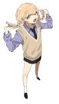 1girl ankle_socks black_necktie black_skirt blonde_hair braid collared_shirt commentary_request fang fujita_kotone full_body gakuen_idolmaster highres holding_own_hair idolmaster loafers long_sleeves looking_at_viewer miniskirt necktie open_mouth pio_hmw pleated_skirt purple_shirt school_uniform shirt shoes simple_background skirt smile socks solo twin_braids vest white_background 