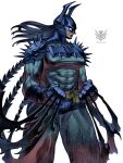 absolute_batman absolute_dc back_spikes bat_mask batman_(absolute_dc) batman_symbol belt bodysuit cowl dc_comics exposed_muscle genderswap grey_bodysuit highres multicolored_suit pass_(brd_pass) superhero_costume taut_bodysuit utility_belt 