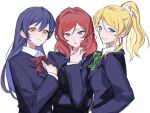  3girls ayase_eli blonde_hair blue_eyes blue_hair blue_jacket blue_ribbon brown_eyes commentary green_ribbon hair_ornament hair_scrunchie highres jacket light_blush long_hair long_sleeves looking_at_viewer love_live! love_live!_school_idol_project medium_hair multiple_girls murenzi neck_ribbon nishikino_maki open_mouth otonokizaka_school_uniform ponytail purple_eyes red_hair red_ribbon ribbon school_uniform scrunchie shirt smile sonoda_umi white_background white_scrunchie white_shirt winter_uniform 