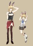  absurdres animal_ears bad_id bad_pixiv_id barnaby_brooks_jr belt black_legwear blonde_hair bunny_ears bunny_pose child cleavage_cutout crossdressing dual_persona fake_animal_ears frown glasses green_eyes highres jewelry kemonomimi_mode male_focus multiple_boys necklace nipples older ridarider sarong thighhighs tiger_&amp;_bunny younger 