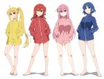  4girls ahoge barefoot blonde_hair blue_eyes blue_track_suit bocchi_the_rock! braid breasts commentary_request cube_hair_ornament detached_ahoge expressionless feet full_body gotoh_hitori hair_ornament hairclip hands_in_pockets highres ijichi_nijika kita_ikuyo large_breasts long_hair long_sleeves looking_at_viewer mole mole_under_eye multiple_girls one_side_up paid_reward_available parallel_hairclips pink_track_suit red_eyes red_track_suit short_hair side_ponytail side_ponytail_with_braided_base thighs toes track_suit yamada_ryo yellow_eyes yellow_track_suit yuuhi_(yuyuhihi) 