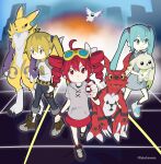  absurdres akita_neru black_sclera blonde_hair blue_eyes blue_hair colored_sclera commentary cosplay culumon d-ark digimon digimon_(creature) digimon_tamers dress drill_hair english_commentary goggles goggles_on_head grey_dress grey_hoodie grey_pants grey_shirt group_picture guilmon hatsune_miku highres hood hoodie kakudrawmon kasane_teto kitsune long_hair makino_ruki makino_ruki_(cosplay) matsuda_takato matsuda_takato_(cosplay) pants red_eyes red_hair red_skirt renamon shirt skirt terriermon triple_baka_(group) twin_drills twintails utau vocaloid white_shirt yellow_eyes 