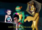  aiming_at_another alex_(madagascar) black_hair black_skin bodypaint colored_skin dark_background green_sweater greenopal_03 hair_bun highres kpop_demon_hunters looking_to_the_side madagascar_(series) marvel meme michelangelo_(tmnt) miles_morales rise_of_the_teenage_mutant_ninja_turtles short_hair spanish_text spider-man:_across_the_spider-verse spider-man_(series) spider-verse sweater teenage_mutant_ninja_turtles zoey_(kpop_demon_hunters) 