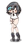  1girl aqua_streaks beret black_boots black_hair boots closed_eyes clothes_writing deformed full_body fumitonkatsu grey_hat hat highres hololive hololive_dev_is legs multicolored_hair o-ring o-ring_thigh_strap open_mouth rindo_chihaya shirt simple_background solo standing streaked_hair thick_thighs thigh_strap thighs virtual_youtuber white_background white_shirt 