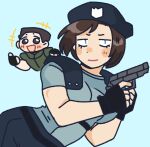  1boy 1girl beretta_92 blue_tank_top blue_tube_top chibi chris_redfield clothes_around_waist gun handgun highres holding holding_gun holding_weapon holster hoshizora_lone jill_valentine resident_evil resident_evil_1 s.t.a.r.s._uniform shoulder_holster shoulder_pads strapless tank_top tube_top weapon 