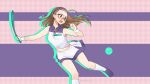  1girl ball blue_necktie braid brown_eyes brown_hair drop_shadow english_commentary foot_out_of_frame glasses hairband highres hillaryravenian kneehighs long_hair magic_the_gandhi midriff miniskirt navel necktie open_mouth playing_sports purple_hairband purple_shoes racket rance_(series) round_eyewear shirt shoes skirt sleeveless sleeveless_shirt socks solo sportswear standing standing_on_one_leg teeth tennis tennis_ball tennis_racket tennis_uniform twin_braids upper_teeth_only white_shirt white_skirt white_socks 