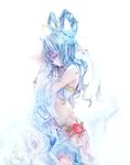  bad_id bad_pixiv_id blue_eyes blue_hair cis_(carcharias) flower hair_ornament kaku_seiga midriff mouth_hold navel pointy_ears simple_background solo touhou white_background 