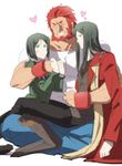  beard black_hair bob_cut dual_persona facial_hair fate/zero fate_(series) green_eyes heart hug long_hair lord_el-melloi_ii male_focus multiple_boys muscle nishisaki older red_hair rider_(fate/zero) shirt t-shirt time_paradox waver_velvet 