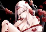  absurdres black_background breasts cleavage collarbone commentary_request dl_tsxkr flower goddess_of_victory:_nikke grey_hair hairband highres holding japanese_clothes kimono long_hair official_alternate_costume official_alternate_design orange_eyes red_flower red_hairband red_nails red_rose rose scarlet_(black_shadow)_(longing_flower)_(nikke) scarlet_(black_shadow)_(nikke) scarlet_(nikke) simple_background two-tone_kimono upper_body white_kimono 