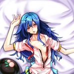  bad_id bad_pixiv_id blue_hair blush food fruit hat hat_removed headwear_removed hinanawi_tenshi long_hair lying navel no_bra on_back open_clothes open_mouth open_shirt pandora-ex peach red_eyes shirt solo touhou 