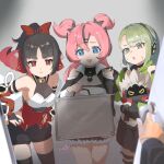  3girls anby_demara aria_(zenless_zone_zero) bangboo_(zenless_zone_zero) billy_kid black_gloves black_hair black_skirt blue_eyes colored_inner_hair commentary_request gloves green_eyes green_hair headphones jacket looking_at_viewer multicolored_hair multiple_girls nangong_yu nekomiya_mana nicole_demara open_mouth pink_hair red_eyes short_hair skirt streaked_hair sunna_(zenless_zone_zero) thighhighs twintails uixy zenless_zone_zero 
