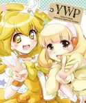  2girls :d blonde_hair bow cardigan character_name choker collaboration cure_peace dual_persona english hair_flaps hair_ornament hairband kise_yayoi long_hair magical_girl multiple_girls open_mouth orange_choker precure satogo skirt smile smile_precure! text_focus v white_hairband wrist_cuffs yellow yellow_bow yellow_eyes yellow_skirt yoshii_yumi 