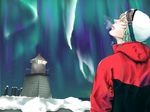  aurora bad_id bad_pixiv_id barnaby_brooks_jr blonde_hair breath goggles goggles_on_head green_eyes hat jacket lighthouse makuragaeshi male_focus no_eyewear red_jacket snow solo tiger_&amp;_bunny winter_clothes 