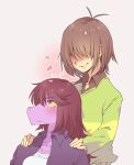  1girl 1other alternate_breast_size_(larger) antenna_hair breasts brown_hair brown_shirt cherry_blossoms closed_mouth coat collared_coat collared_shirt colored_sclera colored_skin commentary_request deltarune expressionless flipped_bangs freckles furry furry_female green_sweater grin hands_on_another's_shoulders hashtag highres komugiko_(bitte_komu) kris_(deltarune) large_breasts light_blush long_hair long_sleeves looking_up open_clothes open_coat open_collar open_mouth other_focus petals pink_background pink_petals purple_coat purple_eyes purple_skin reptile_girl shaded_face shirt shirt_under_sweater short_hair single_horizontal_stripe smile snout susie_(deltarune) sweater teeth translation_request two-tone_background two-tone_sweater utdr_(toby_fox) white_background white_shirt yellow_sclera yellow_sweater 