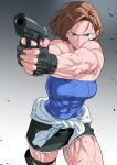  1girl beretta_92 blue_tube_top clothes_around_waist fingerless_gloves gloves gun handgun highres holding holding_gun holding_weapon jill_valentine muscular muscular_female resident_evil resident_evil_3:_nemesis short_hair solo strapless sweater sweater_around_waist tube_top weapon yu_ki_ruta60 