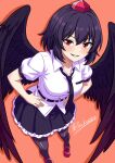  1girl absurdres artist_name black_hair black_skirt black_wings feathered_wings hat highres looking_at_viewer red_eyes red_hat shameimaru_aya shgngzhngdeyti1 shirt short_hair skirt solo tokin_hat touhou white_shirt wings 