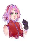  1girl artist_logo artist_name bare_shoulders black_gloves closed_mouth commentary cropped_torso facial_mark forehead_mark gloves green_eyes hairband haruno_sakura highres ilabarattolo konohagakure_symbol lips logo looking_at_viewer naruto_(series) naruto_shippuuden pink_hair pink_lips red_hairband red_vest short_hair solo upper_body vest watermark white_background zipper 